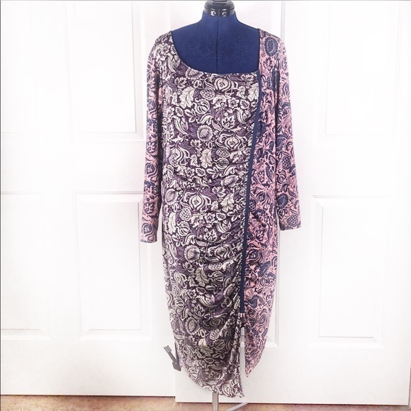 Isabel &‎ Alice 3X modern asymmetric ruched contrast red/blue patterns dress - Picture 7 of 10